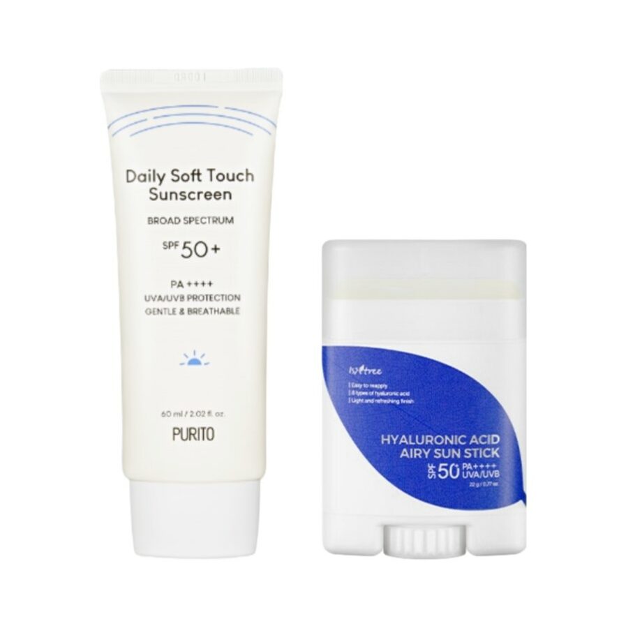 purito soft touch sunscreen og isntree hyaluronic acid airy sun stick solkremduo